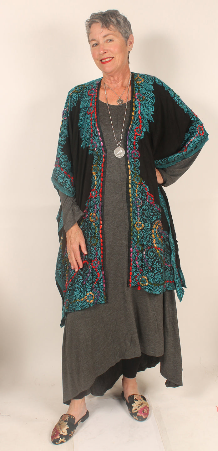 Black Turquoise  Embroidered Pashmina Fringe Jacket  Boho Sophisticated Sml-2X