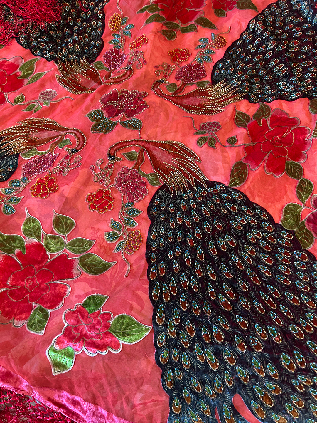 Only 2 Left! Red Large Silk Velvet Peacock Scarf Square 50" x 50"  Gift Altar Home Lifestyle