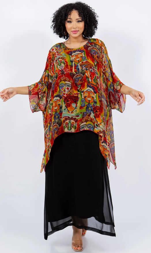 Modern Art Faces Oversize Tunic Top Lagenlook Boho Hippie Chic SML-6X+