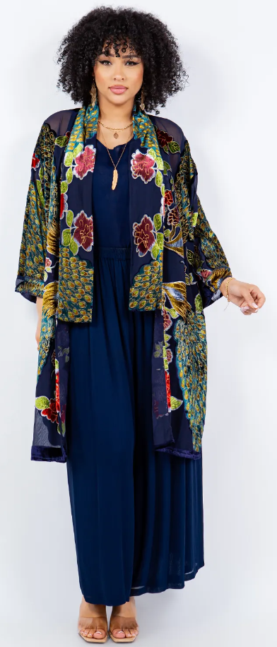 Velvet Sunheart Peacock Boho Long Jacket Hippie Chic Resort Wear Sml-2X+