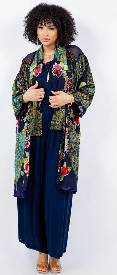 Velvet Sunheart Peacock Boho Long Jacket Hippie Chic Resort Wear Sml-2X+