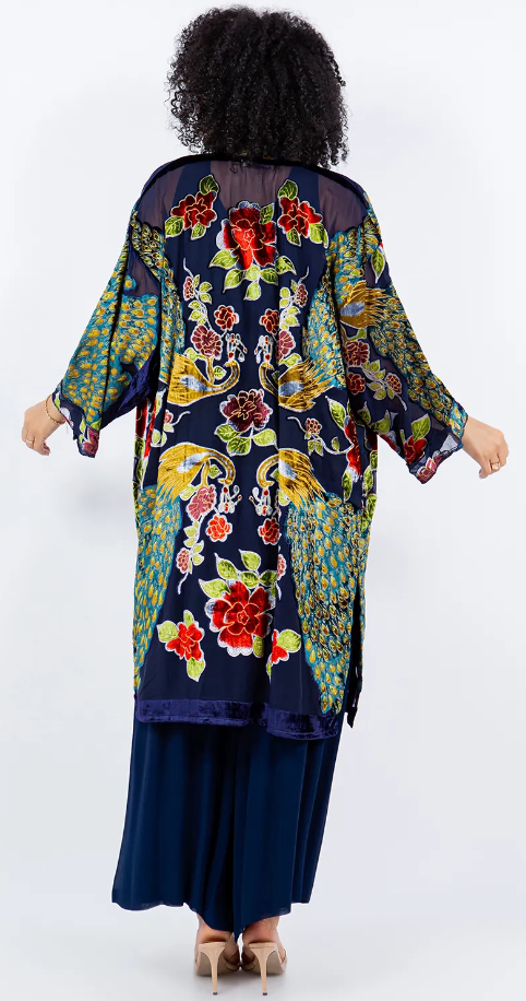 Velvet Sunheart Peacock Boho Long Jacket Hippie Chic Resort Wear Sml-2X+