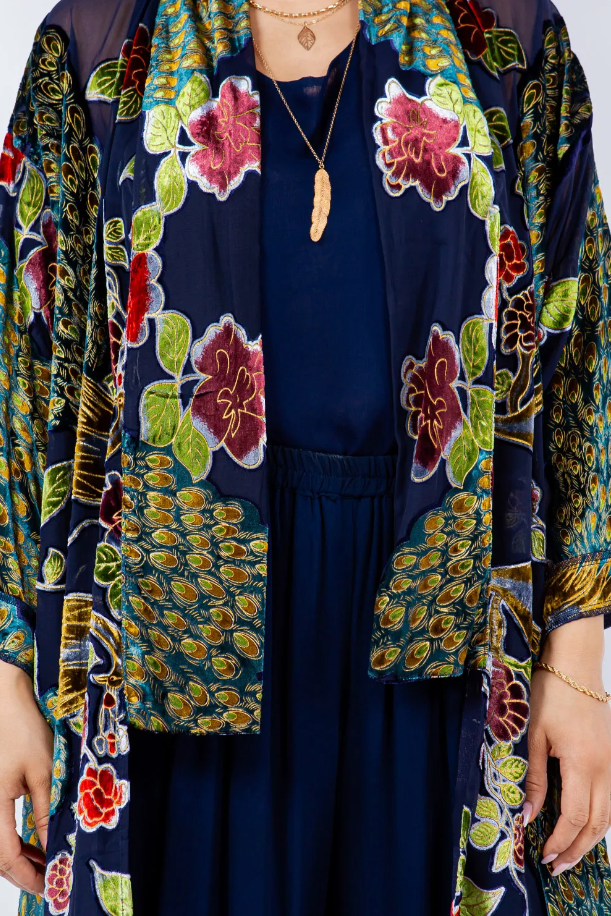 Velvet Sunheart Peacock Boho Long Jacket Hippie Chic Resort Wear Sml-2X+