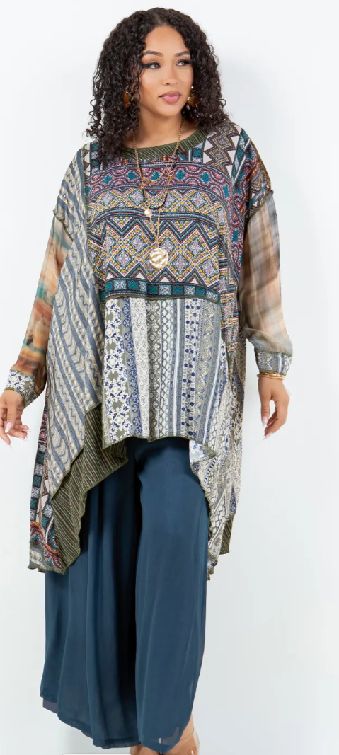 $50 OFF! PartyTime Mosaic hi-low Tunic Top Boho Hippie Chic Resort Wear Sml-10X