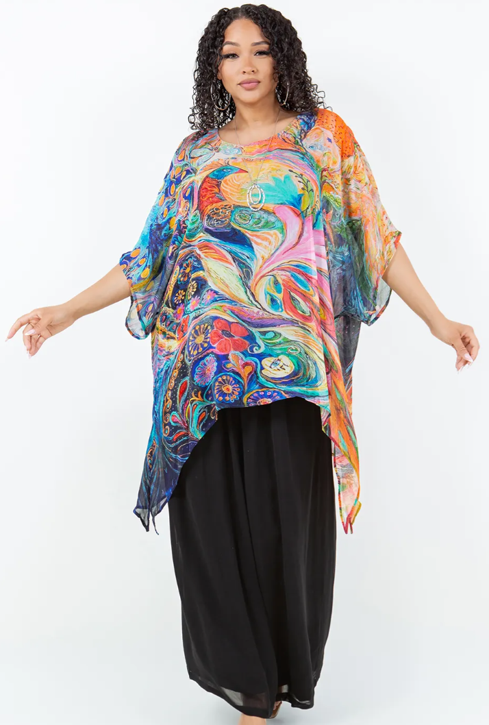 Fantasy Peacock Oversize Tunic Top Lagenlook Boho Hippie Chic SML-6X+