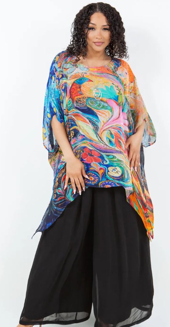 Fantasy Peacock Oversize Tunic Top Lagenlook Boho Hippie Chic SML-6X+