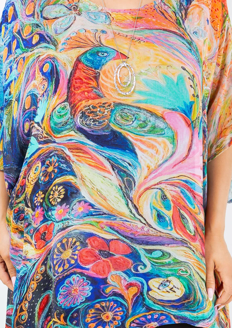 Fantasy Peacock Oversize Tunic Top Lagenlook Boho Hippie Chic SML-6X+