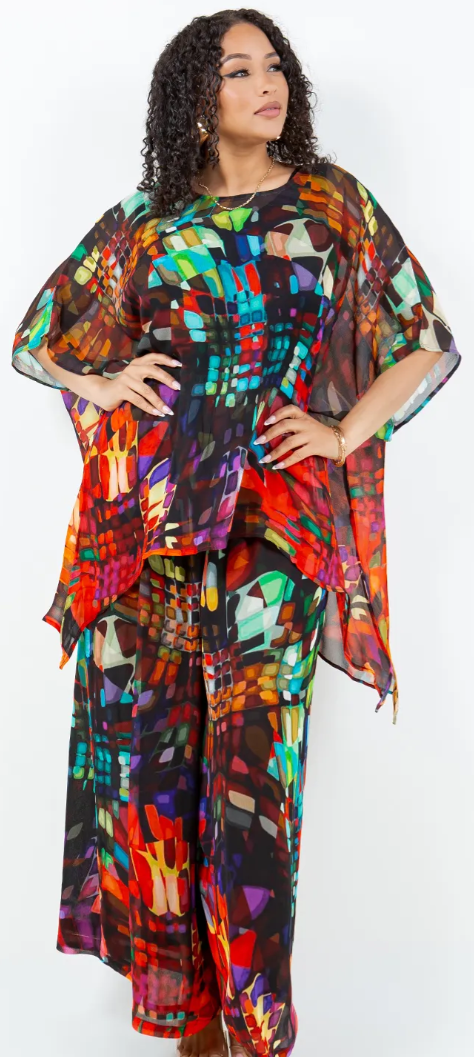 SunHeart Stained Glass Top & Palazzo Pants Set Boho Hippie Chic Resort Wear Sml-2X+