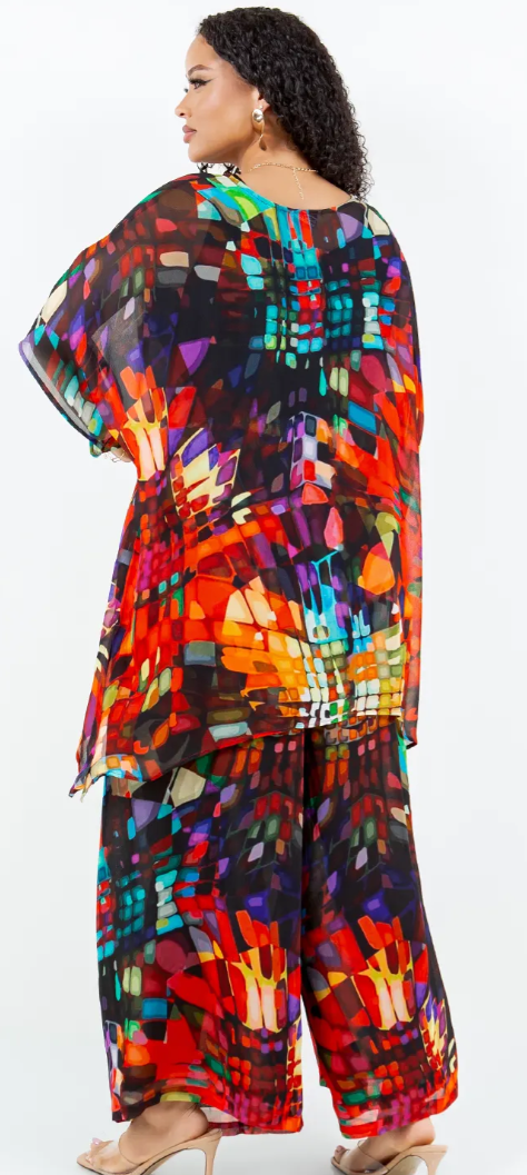 SunHeart Stained Glass Top & Palazzo Pants Set Boho Hippie Chic Resort Wear Sml-2X+