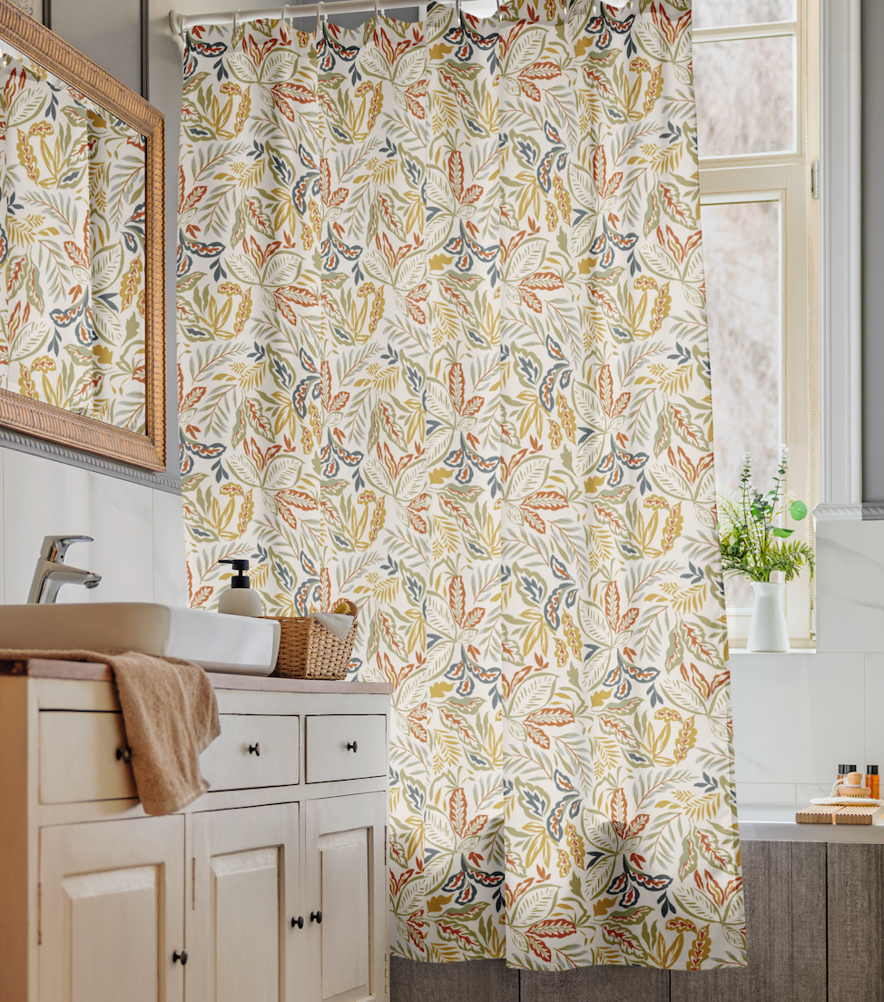 Temple of Light Botanical Shower Curtain – Golden Leaves & Natural Boho Elegance