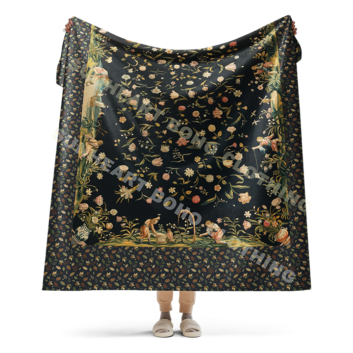 French Tapestry Enchanted Garden Sherpa Blanket – Black Floral Heirloom Throw – Old World Château Style Cozy Luxury 60"x80"