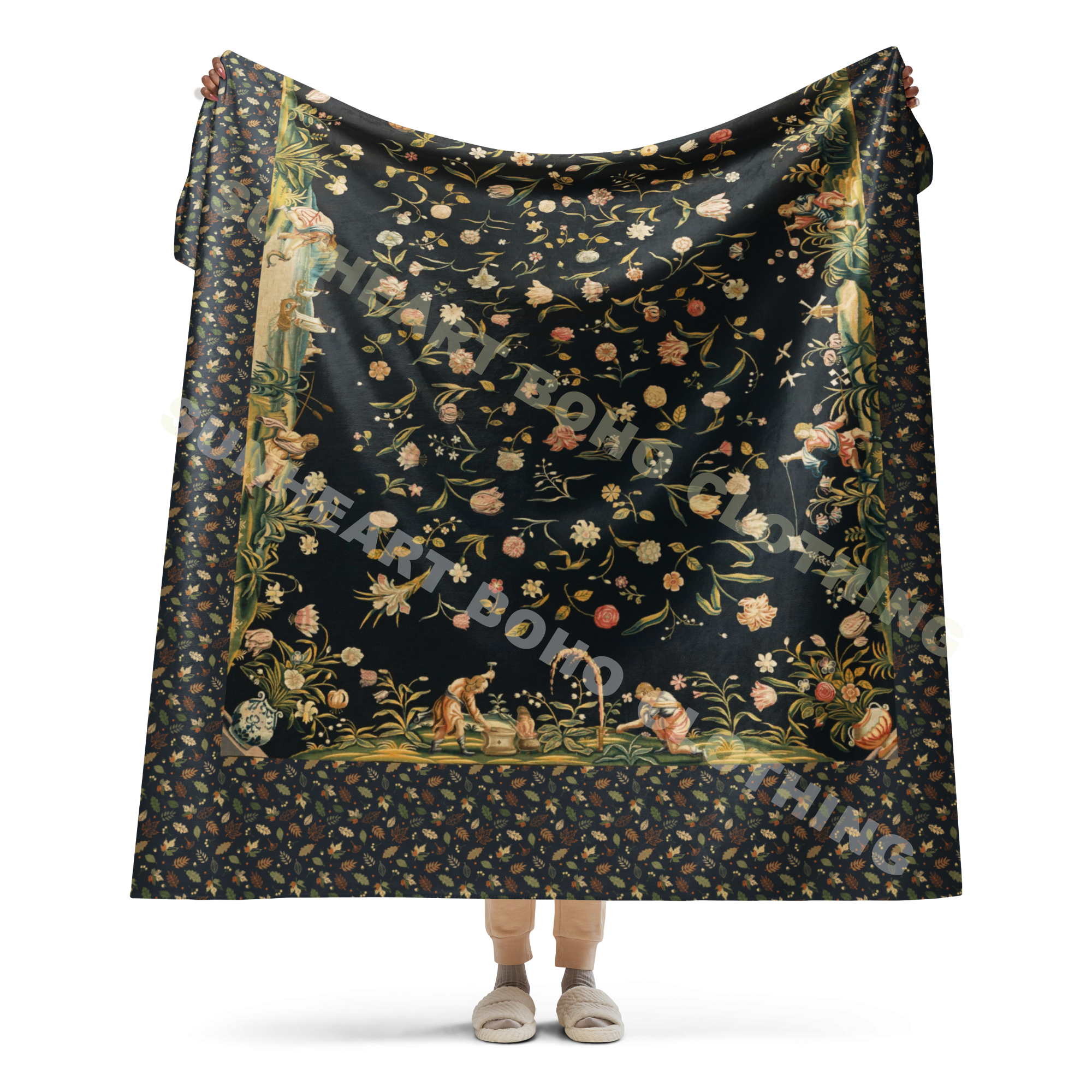 French Tapestry Enchanted Garden Sherpa Blanket – Black Floral Heirloom Throw – Old World Château Style Cozy Luxury 60"x80"