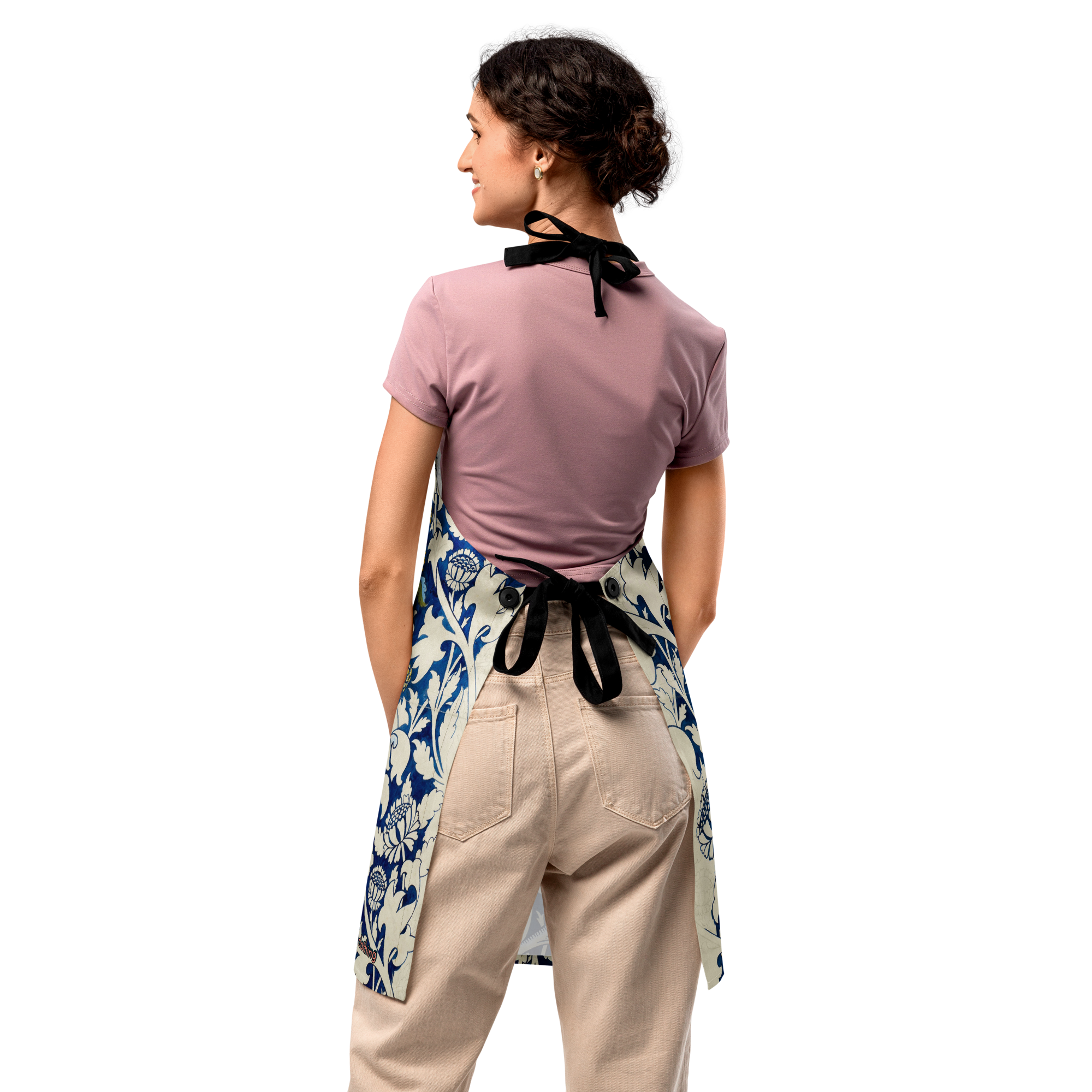 Indigo Botanical Tile Apron – Unisex Boho Chef Apron, Vintage Floral Kitchen Gift