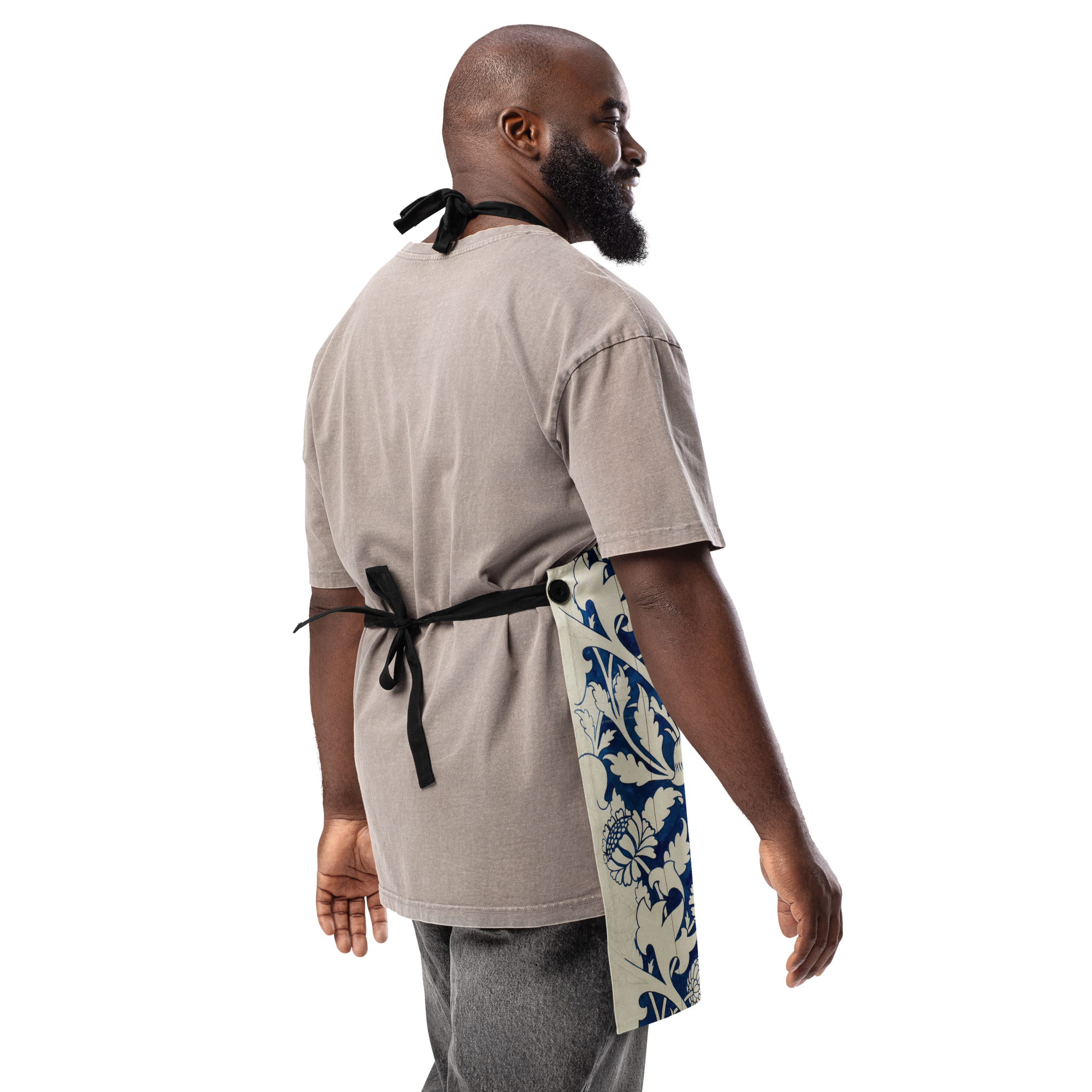 Indigo Botanical Tile Apron – Unisex Boho Chef Apron, Vintage Floral Kitchen Gift