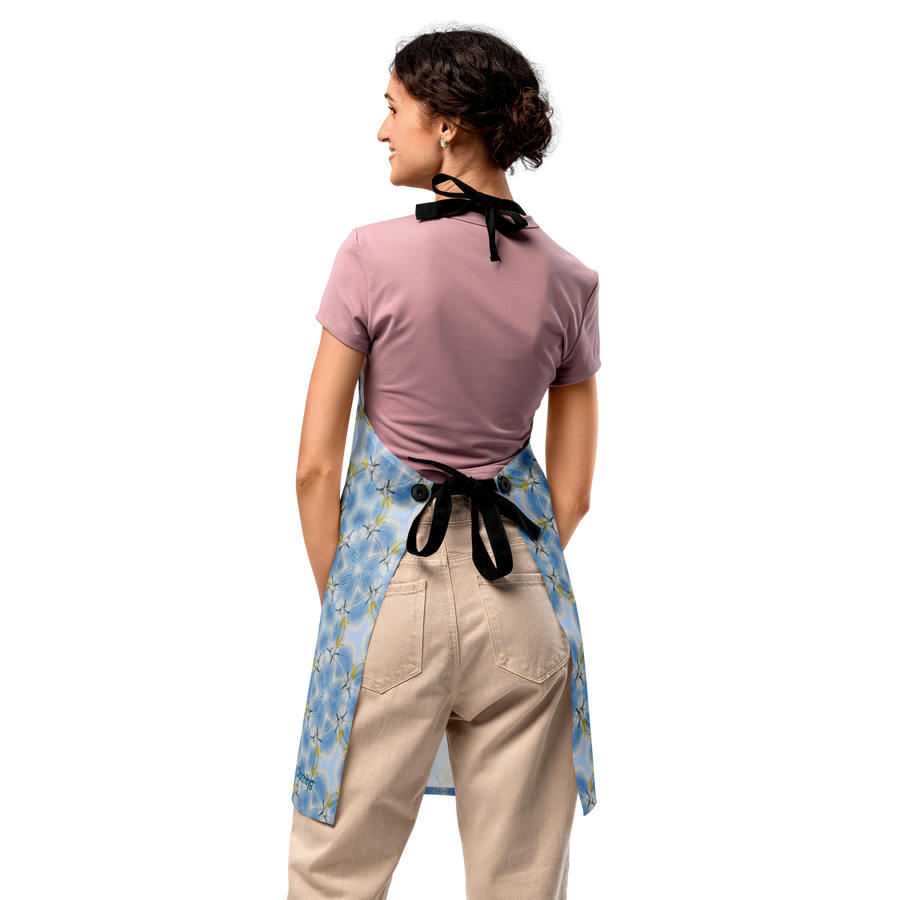 Starflower Blue Apron – Vintage Floral Mandala Apron, Boho Kitchen Gift for Her, Artist Cooking Apron, One Size Adjustable