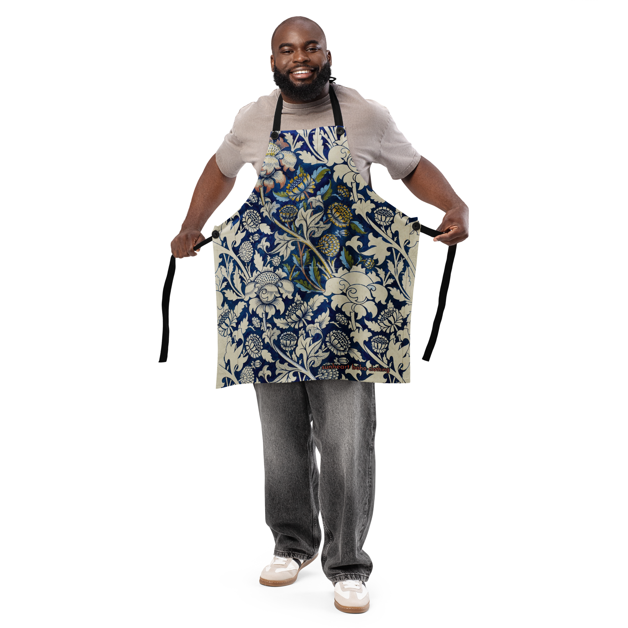 Indigo Botanical Tile Apron – Unisex Boho Chef Apron, Vintage Floral Kitchen Gift
