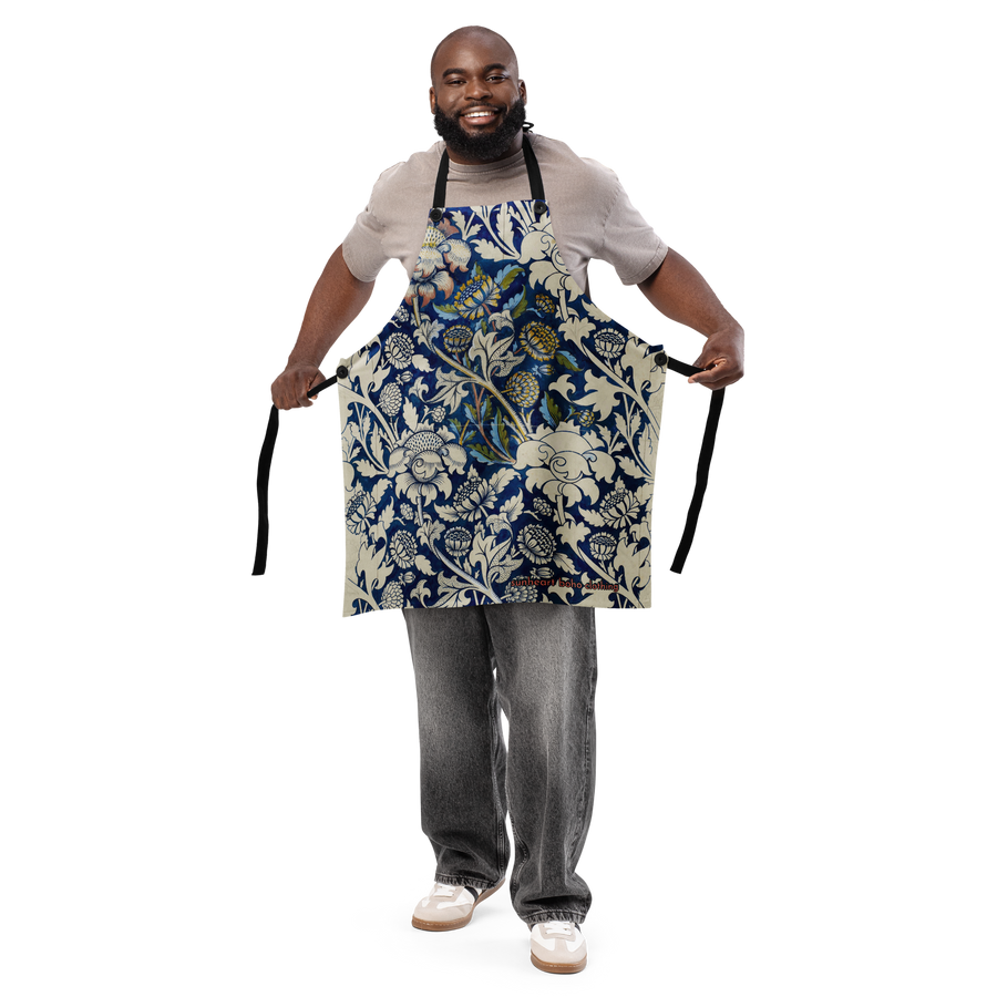 Indigo Botanical Tile Apron – Unisex Boho Chef Apron, Vintage Floral Kitchen Gift