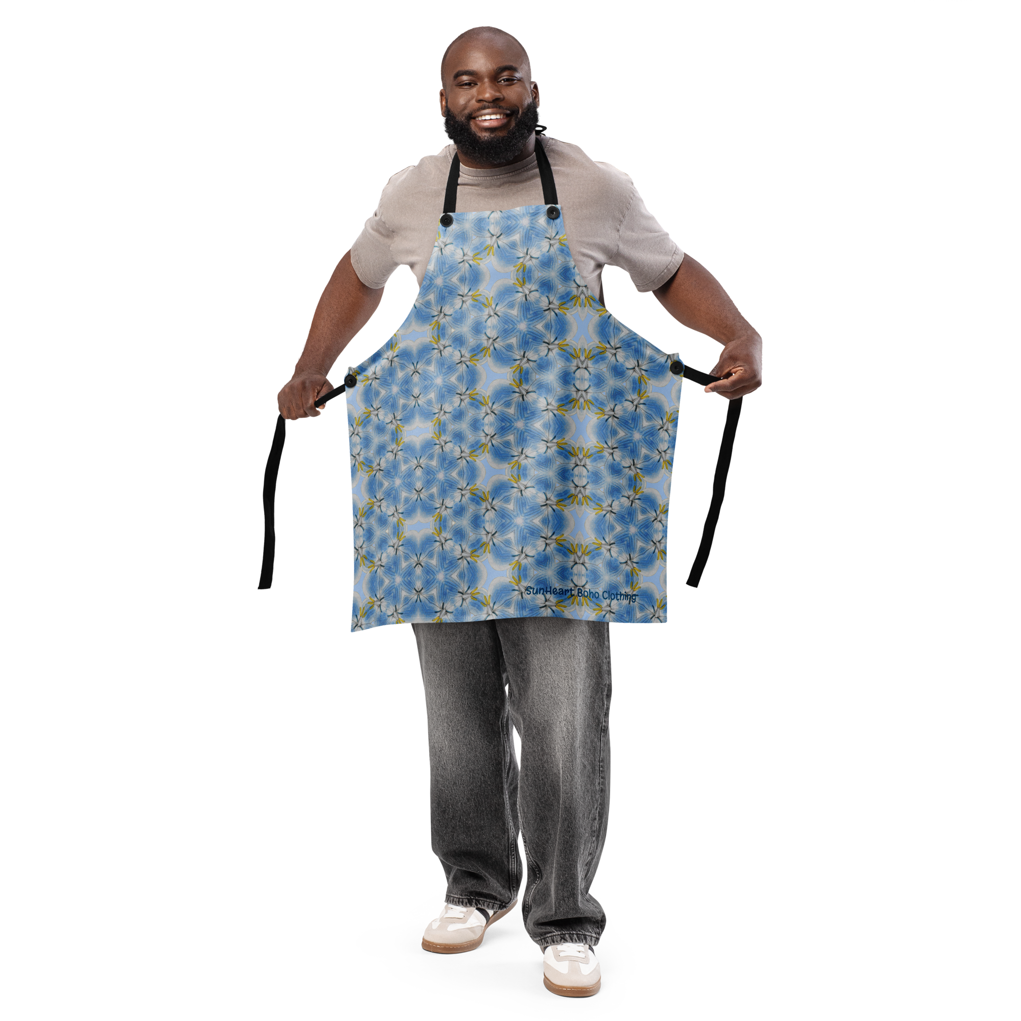 Starflower Blue Apron – Vintage Floral Mandala Apron, Boho Kitchen Gift for Her, Artist Cooking Apron, One Size Adjustable