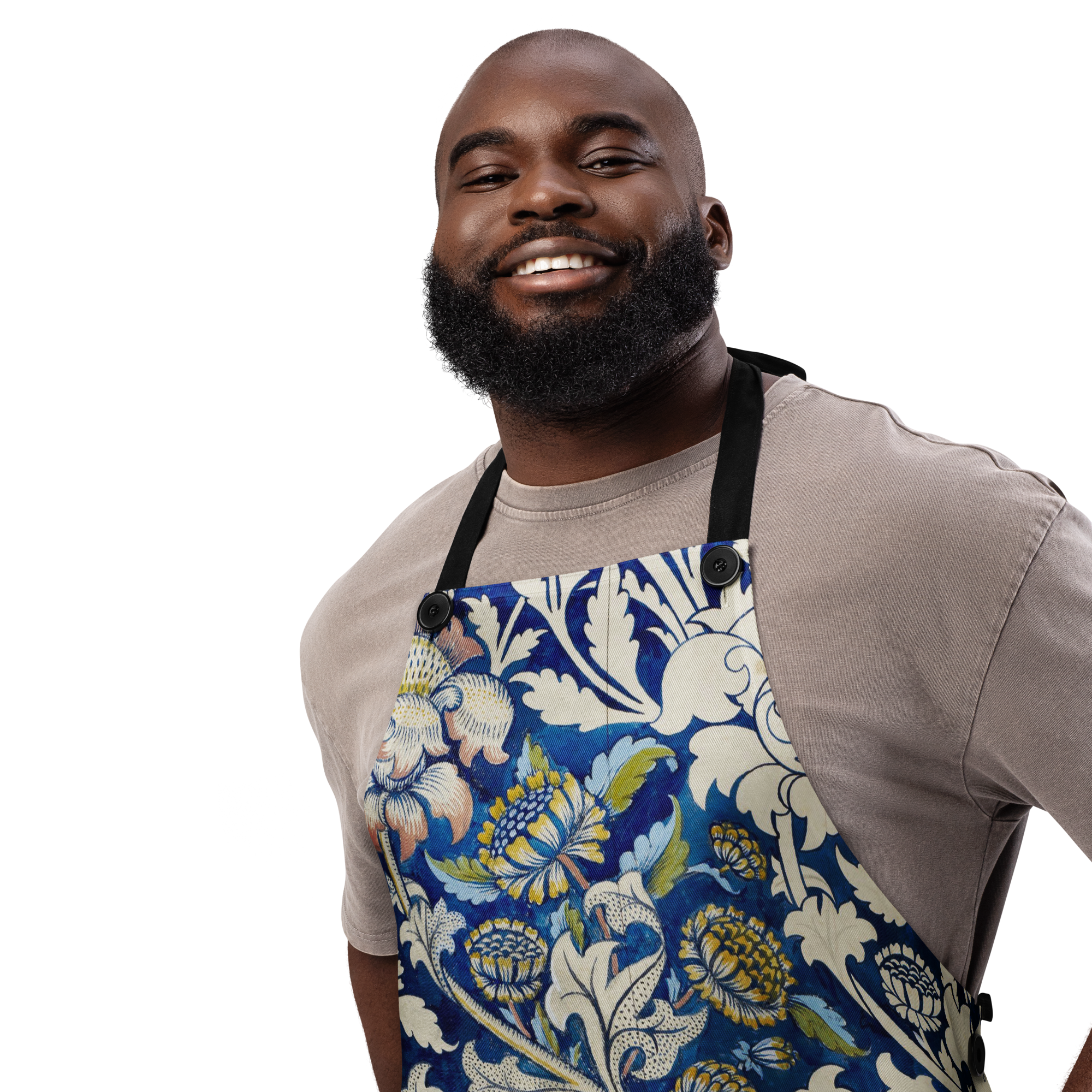 Indigo Botanical Tile Apron – Unisex Boho Chef Apron, Vintage Floral Kitchen Gift