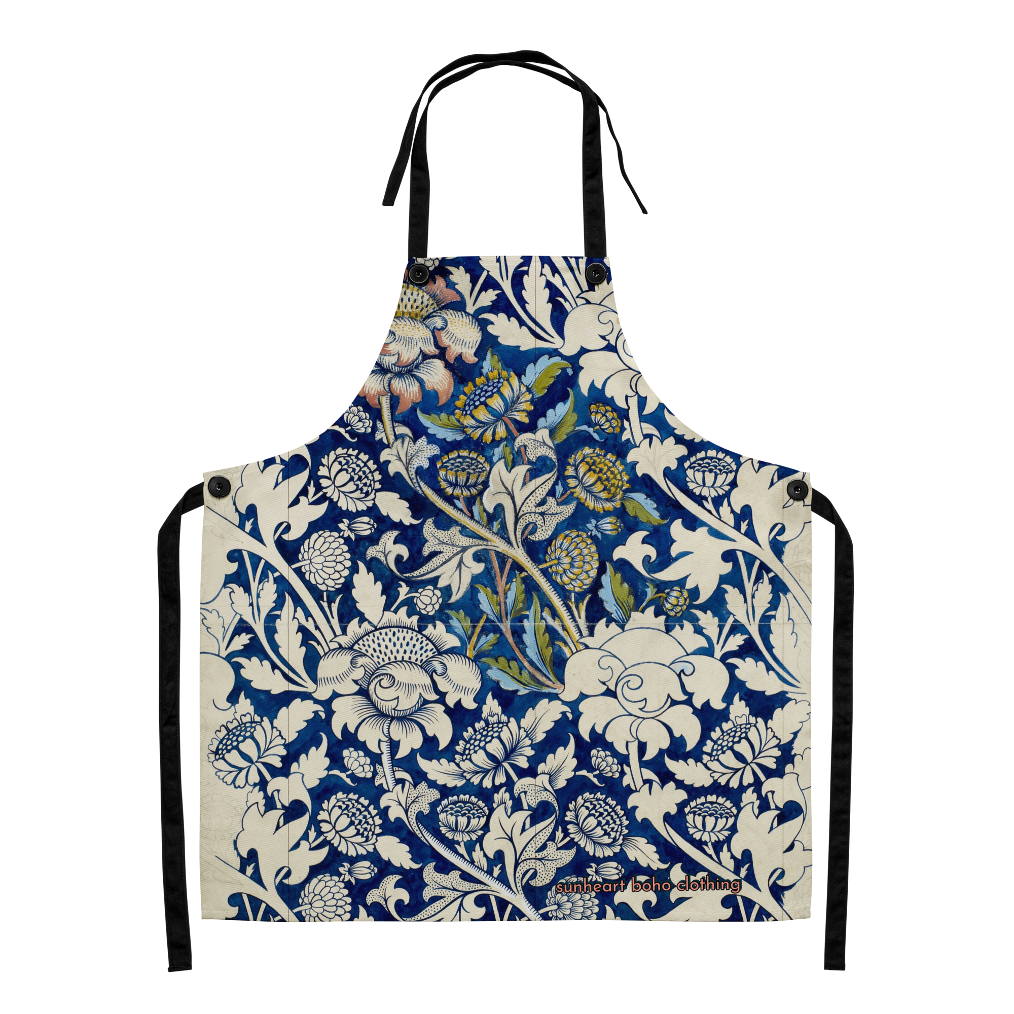 Indigo Botanical Tile Apron – Unisex Boho Chef Apron, Vintage Floral Kitchen Gift