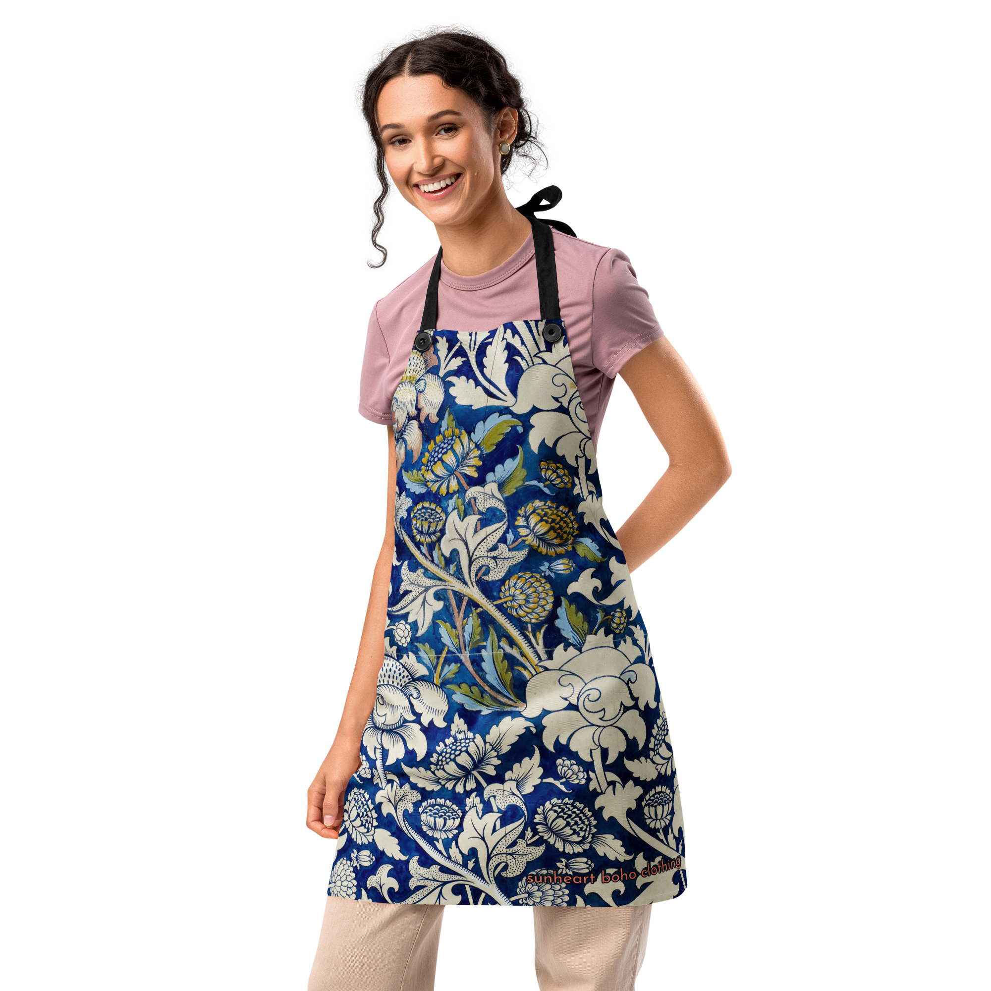 Indigo Botanical Tile Apron – Unisex Boho Chef Apron, Vintage Floral Kitchen Gift