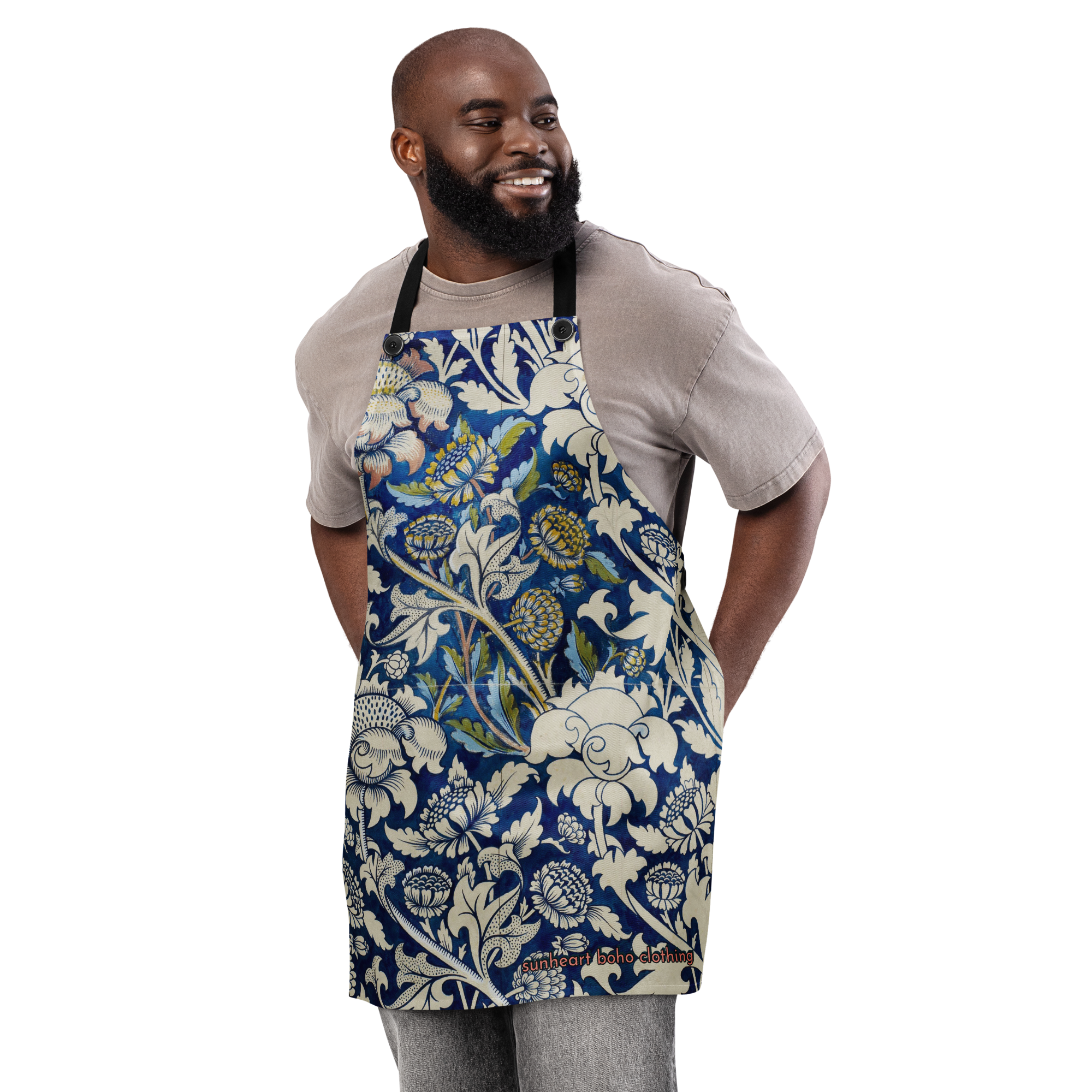 Indigo Botanical Tile Apron – Unisex Boho Chef Apron, Vintage Floral Kitchen Gift