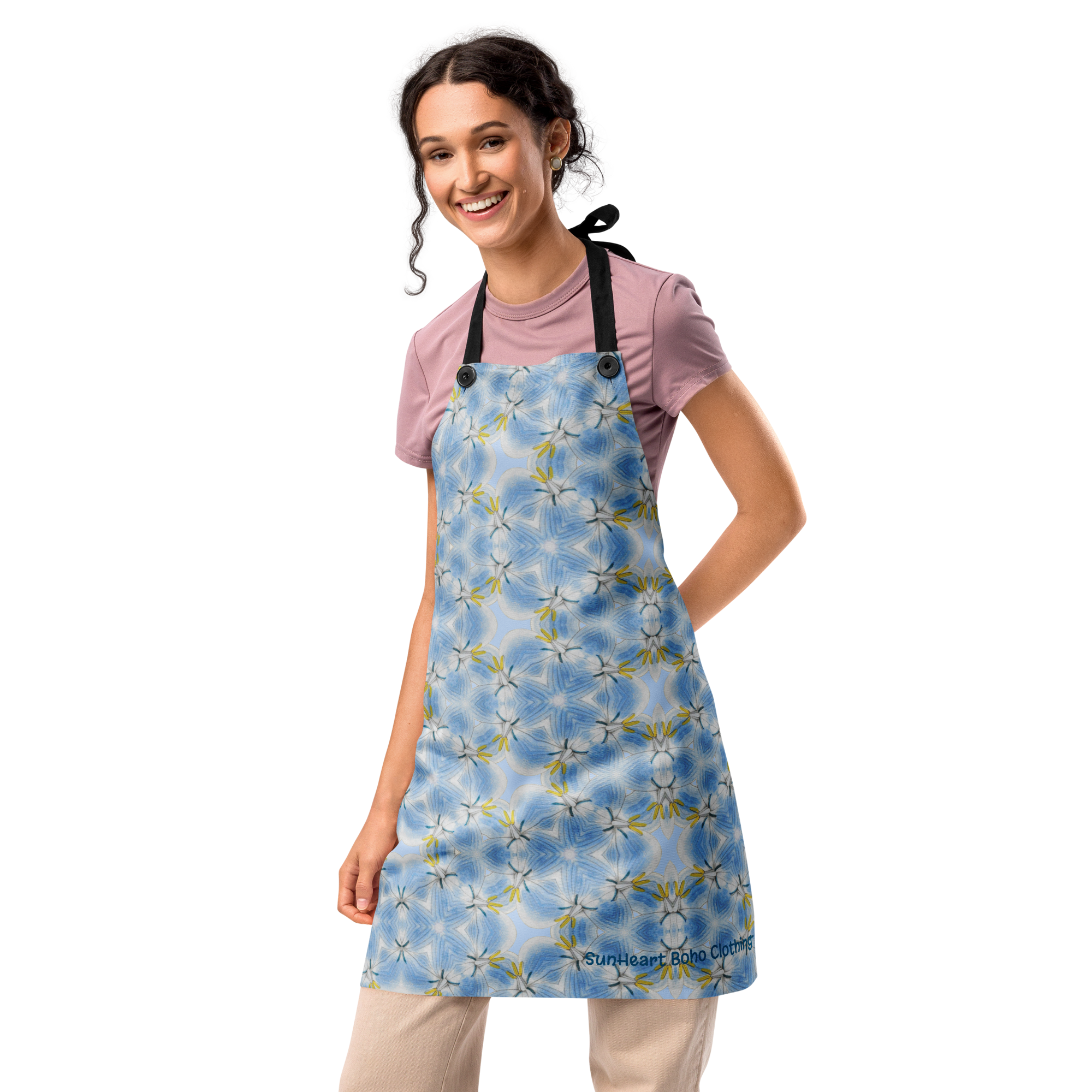 Starflower Blue Apron – Vintage Floral Mandala Apron, Boho Kitchen Gift for Her, Artist Cooking Apron, One Size Adjustable