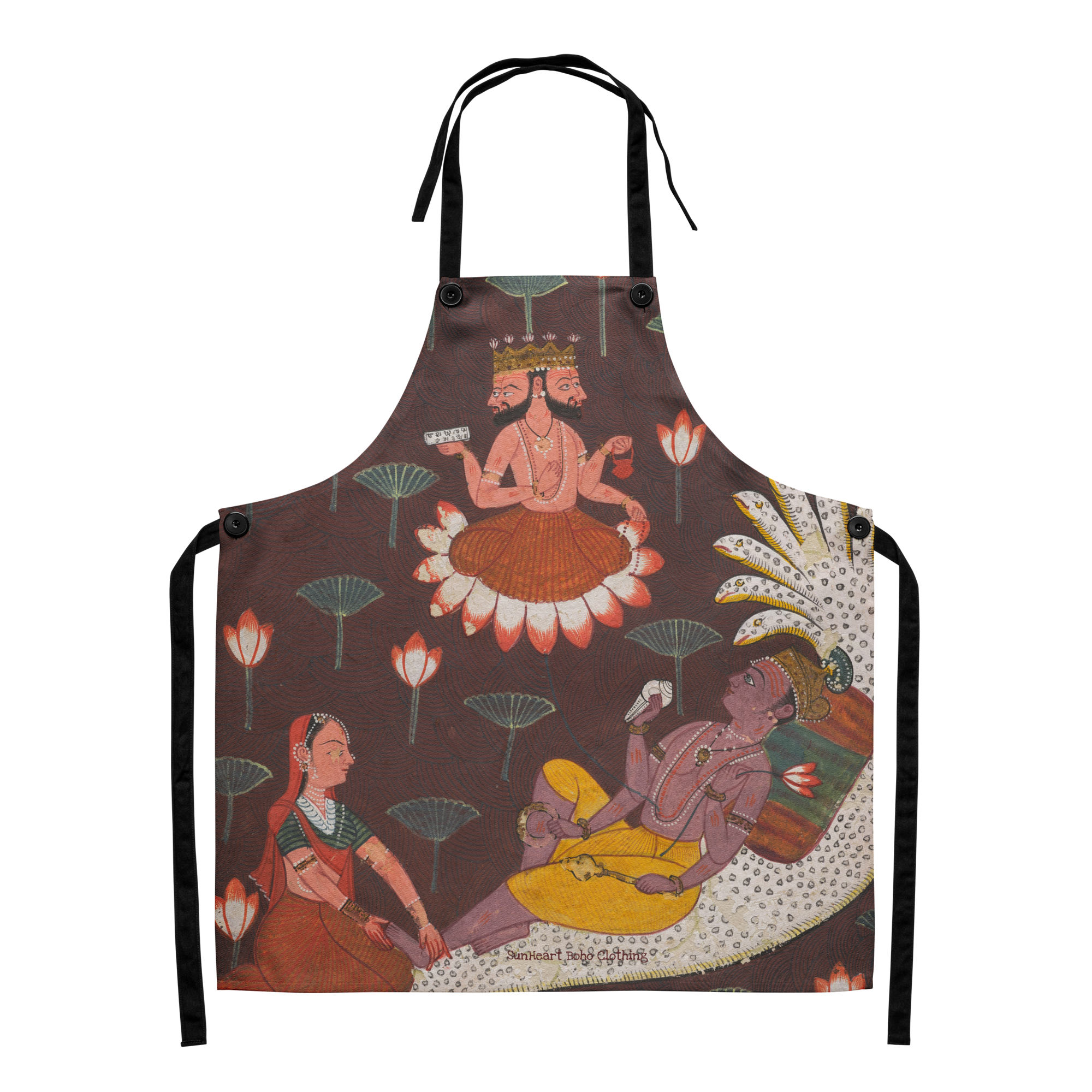 Invoke the Gods Brahma Apron – Vintage Hindu God Art | Mystical Kitchen Gift for Boho Cooks, Spiritual Chef Apron, India Inspired Design