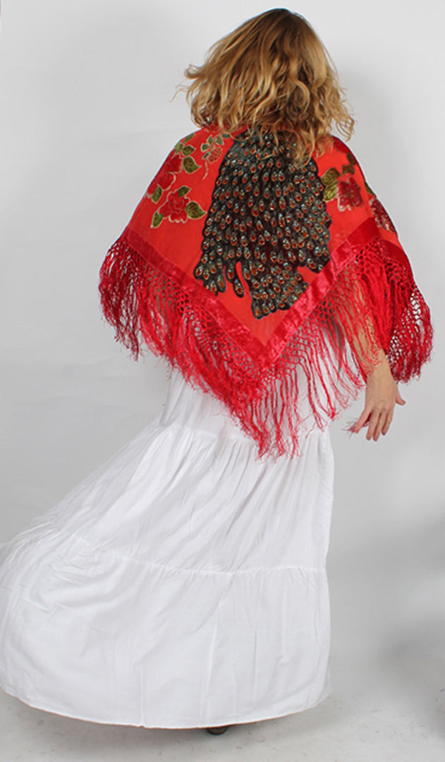 Only 2 Left! Red Large Silk Velvet Peacock Scarf Square 50" x 50"  Gift Altar Home Lifestyle