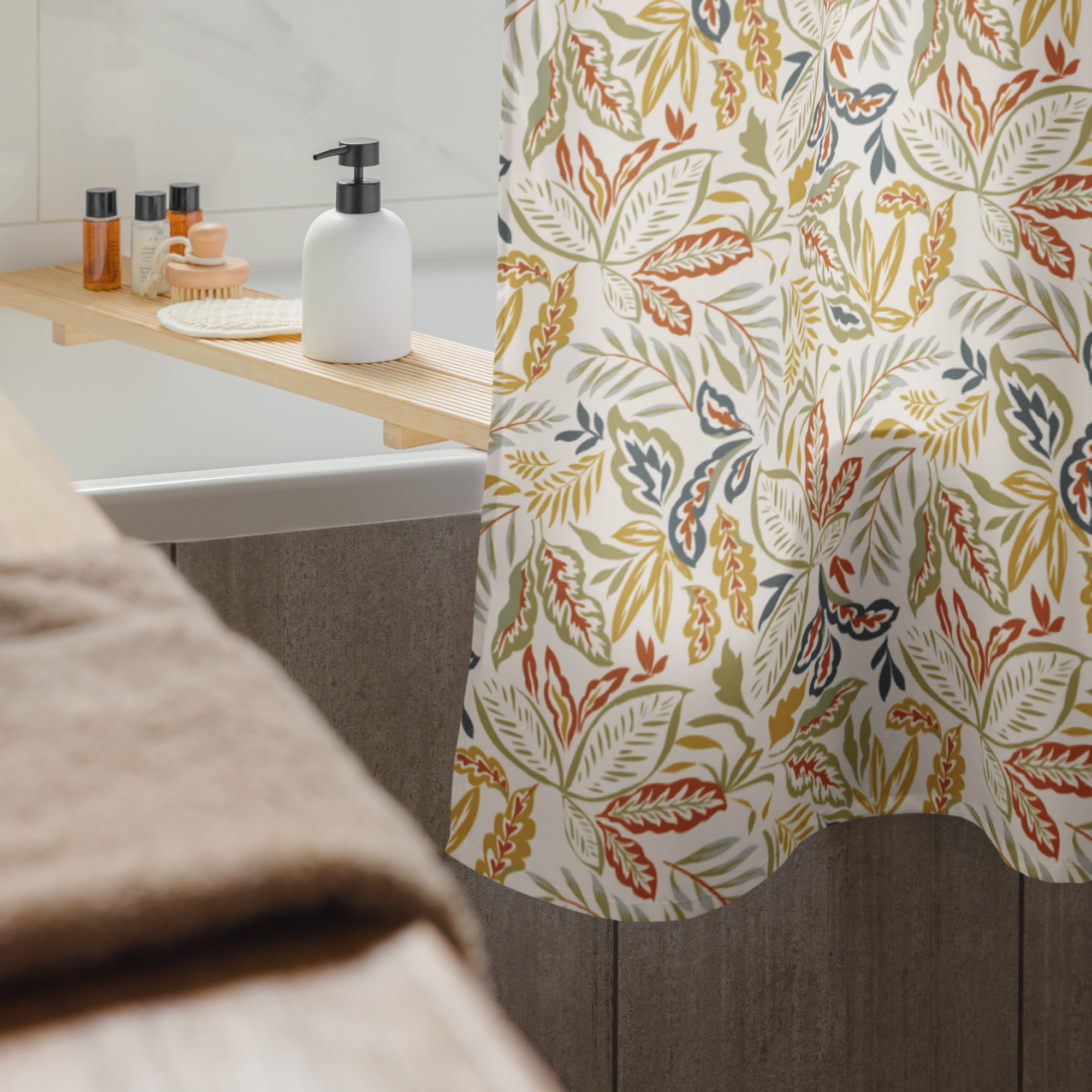 Temple of Light Botanical Shower Curtain – Golden Leaves & Natural Boho Elegance