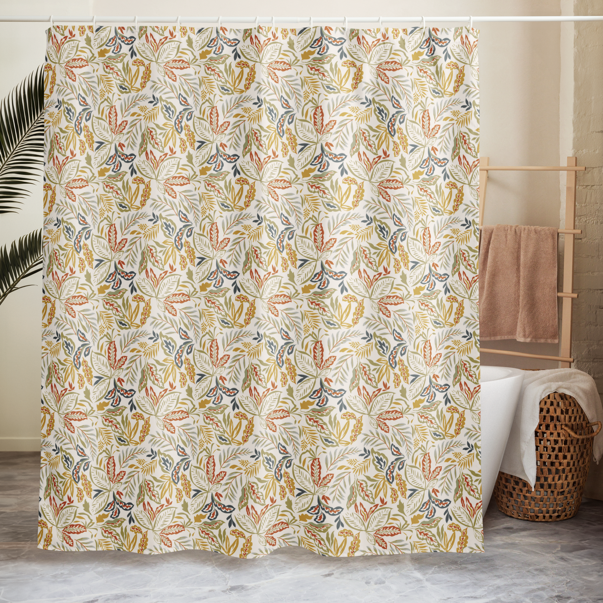 Temple of Light Botanical Shower Curtain – Golden Leaves & Natural Boho Elegance