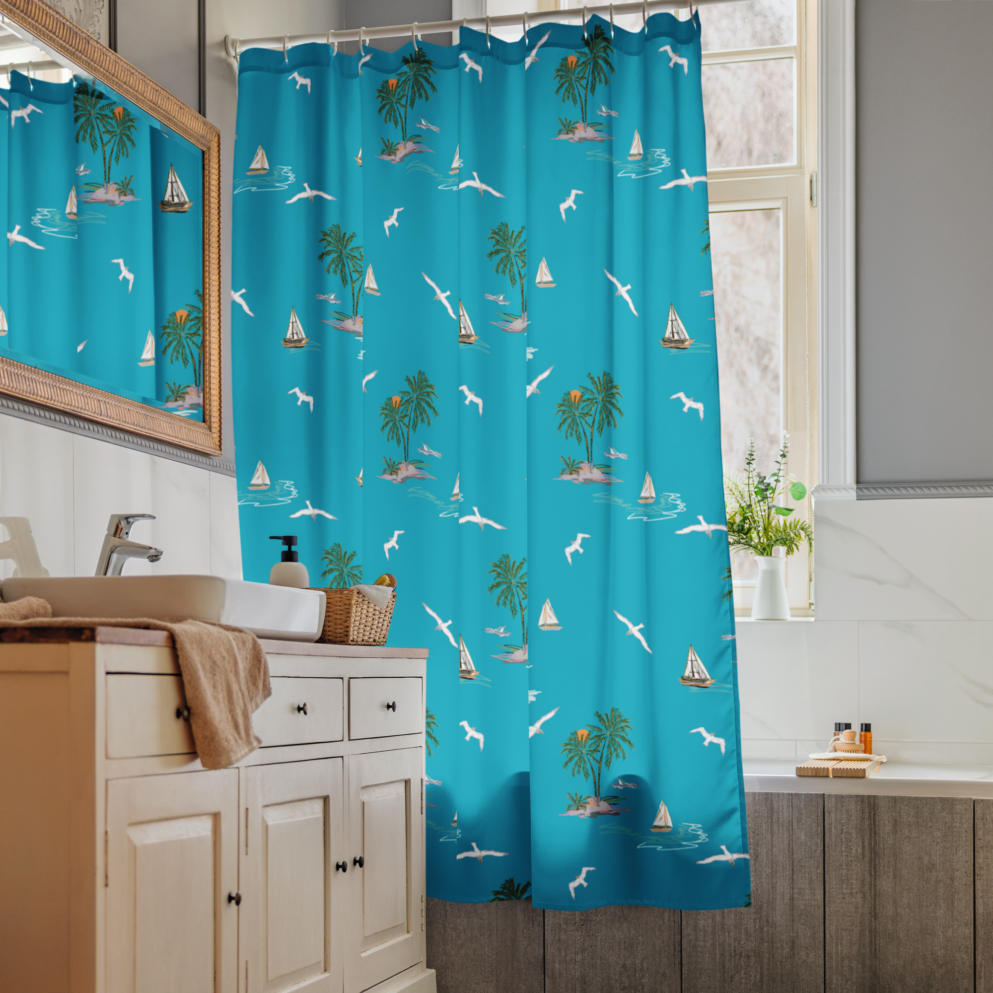 Seagulls & Sailors Coastal Shower Curtain – Nautical Boho Beach Bathroom Decor, Blue Ocean ThemeBathroom & Spa Decor