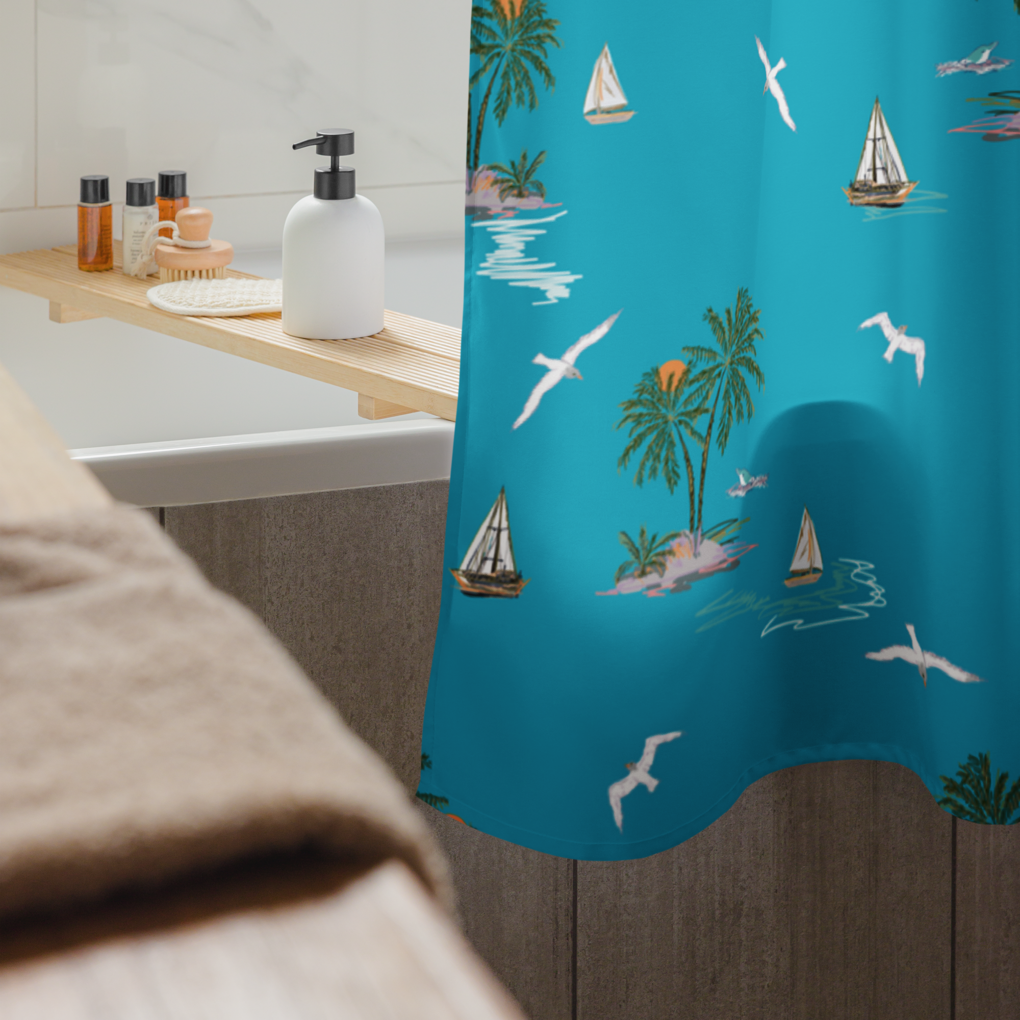 Seagulls & Sailors Coastal Shower Curtain – Nautical Boho Beach Bathroom Decor, Blue Ocean ThemeBathroom & Spa Decor