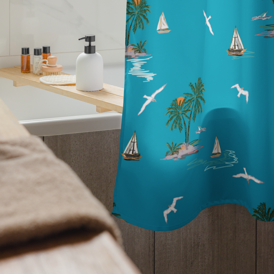 Seagulls & Sailors Coastal Shower Curtain – Nautical Boho Beach Bathroom Decor, Blue Ocean ThemeBathroom & Spa Decor