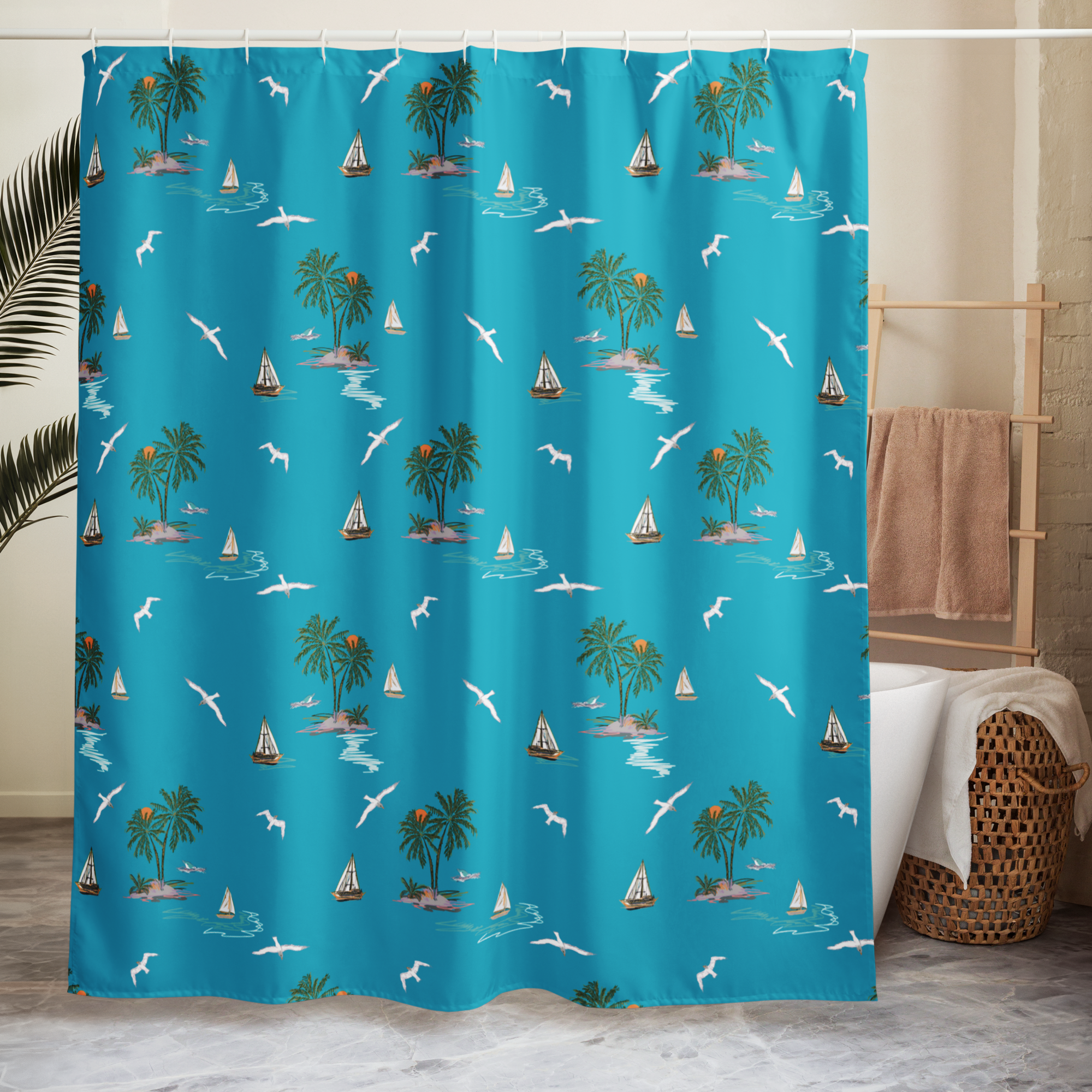 Seagulls & Sailors Coastal Shower Curtain – Nautical Boho Beach Bathroom Decor, Blue Ocean ThemeBathroom & Spa Decor