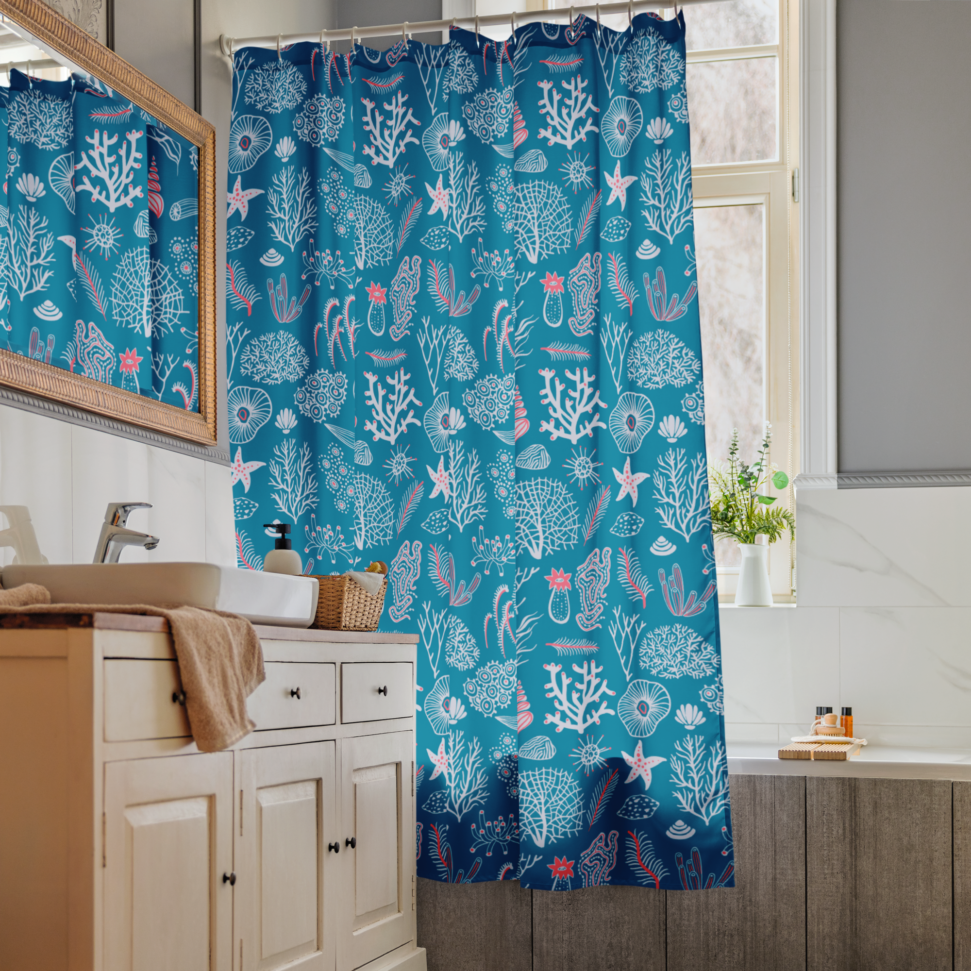 Blue Coral Reef Dreams Shower Curtain – Coastal Boho Ocean Bathroom & Spa Decor