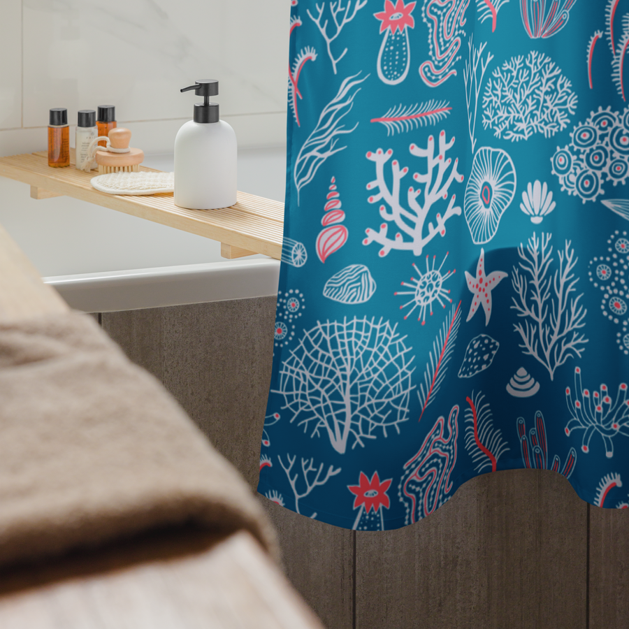 Blue Coral Reef Dreams Shower Curtain – Coastal Boho Ocean Bathroom & Spa Decor