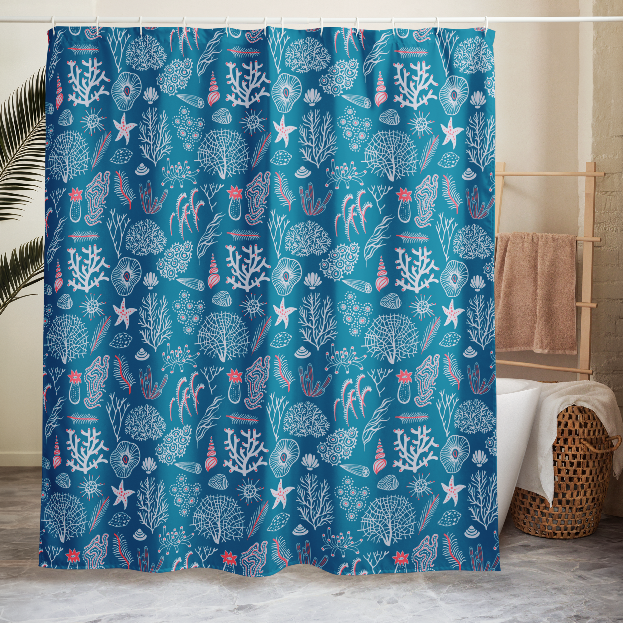 Blue Coral Reef Dreams Shower Curtain – Coastal Boho Ocean Bathroom & Spa Decor