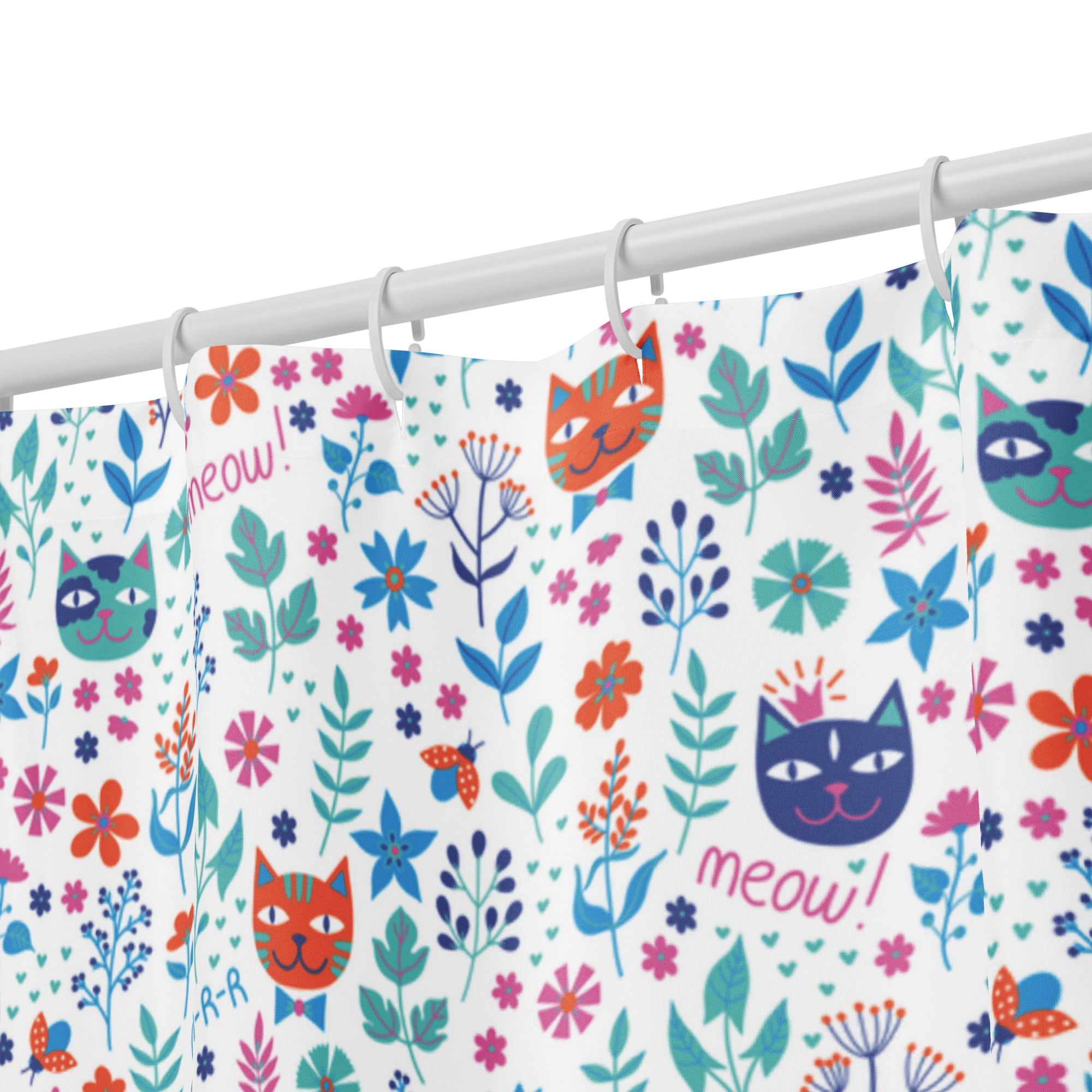 Meow & Bloom Cat Shower Curtain – Colorful Kitten Lover Bathroom & Spa Decor