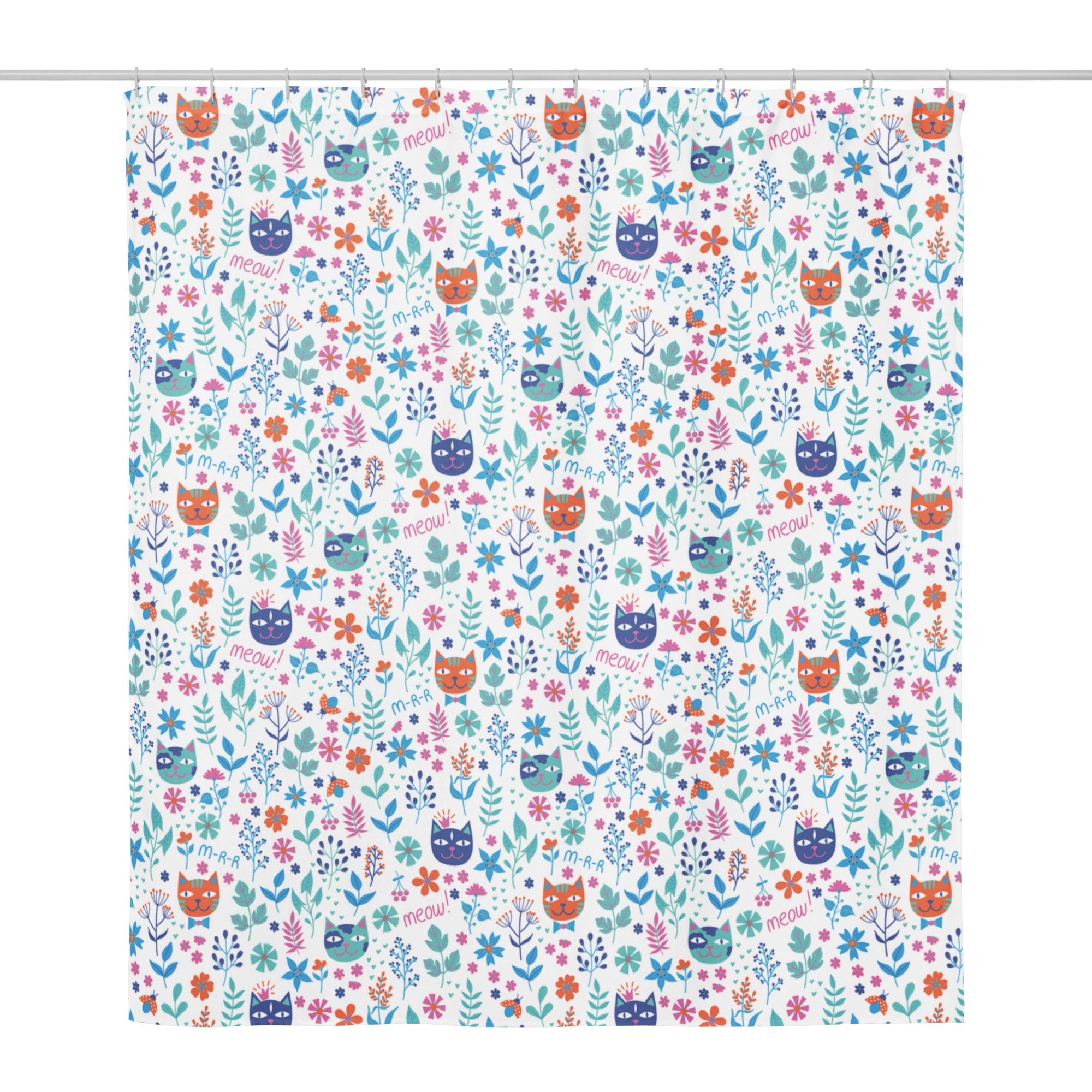 Meow & Bloom Cat Shower Curtain – Colorful Kitten Lover Bathroom & Spa Decor