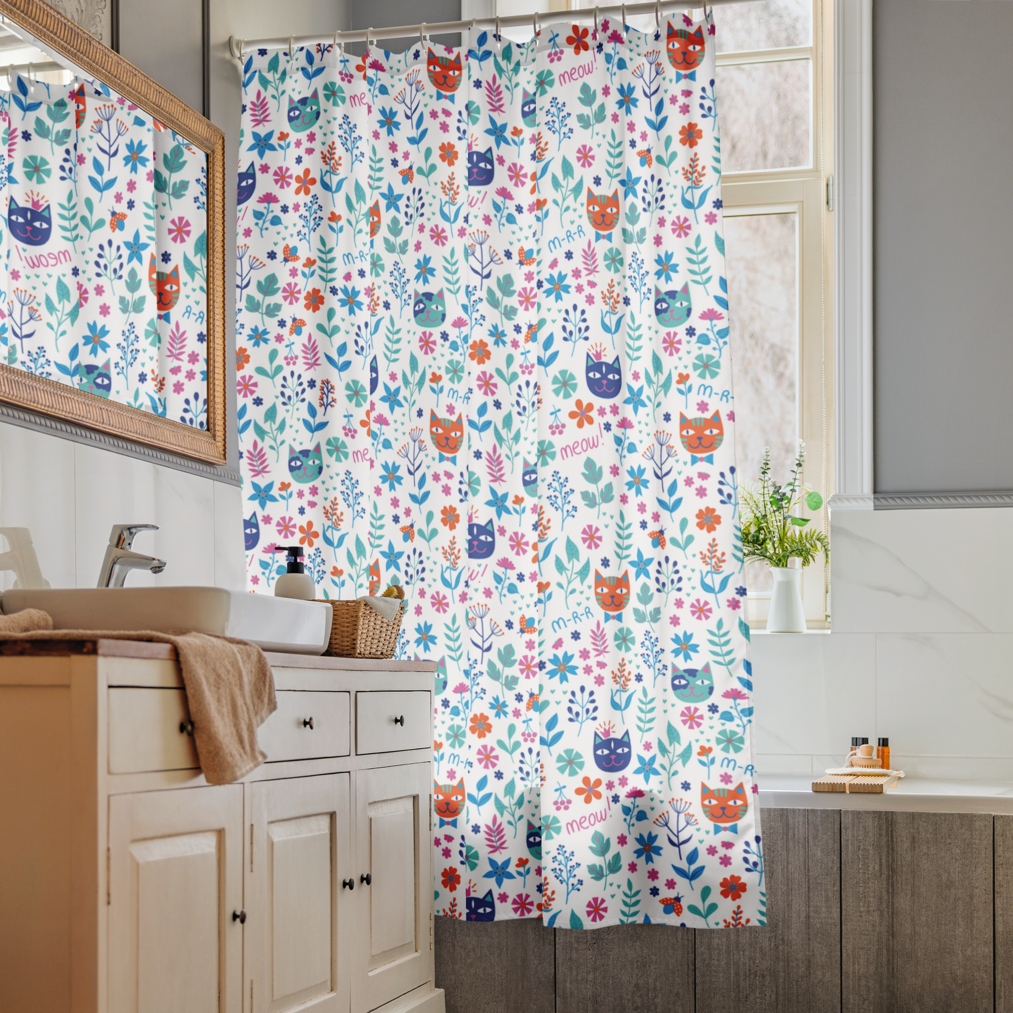 Meow & Bloom Cat Shower Curtain – Colorful Kitten Lover Bathroom & Spa Decor
