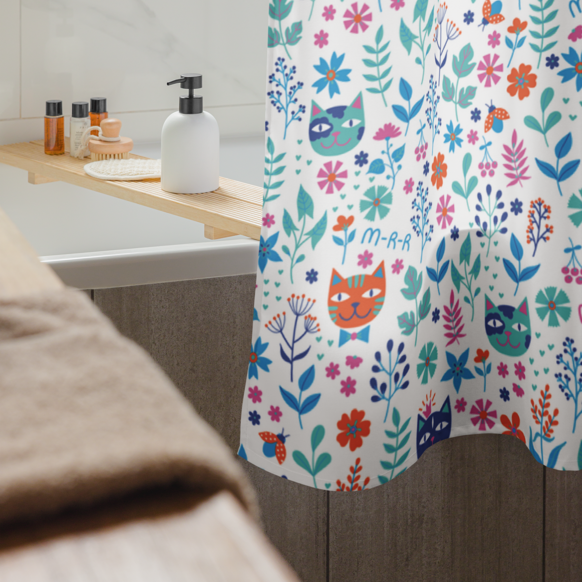 Meow & Bloom Cat Shower Curtain – Colorful Kitten Lover Bathroom & Spa Decor