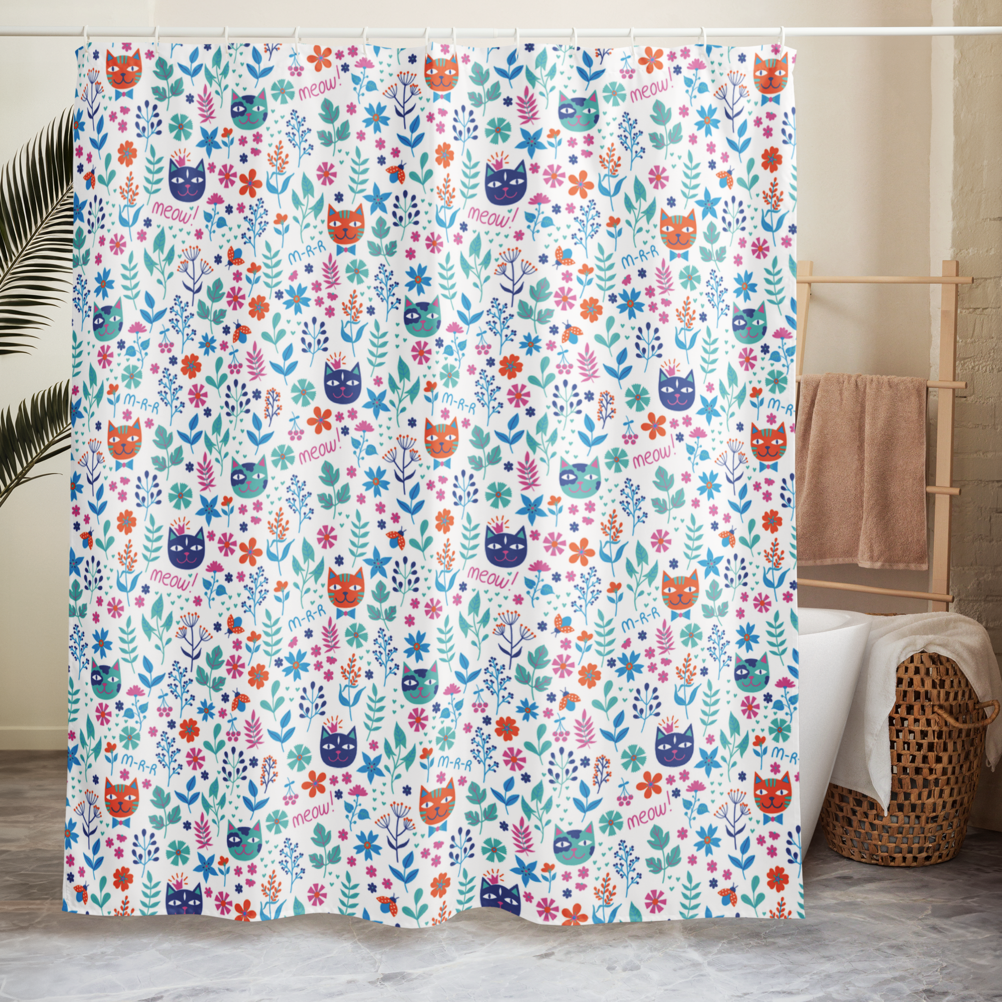 Meow & Bloom Cat Shower Curtain – Colorful Kitten Lover Bathroom & Spa Decor
