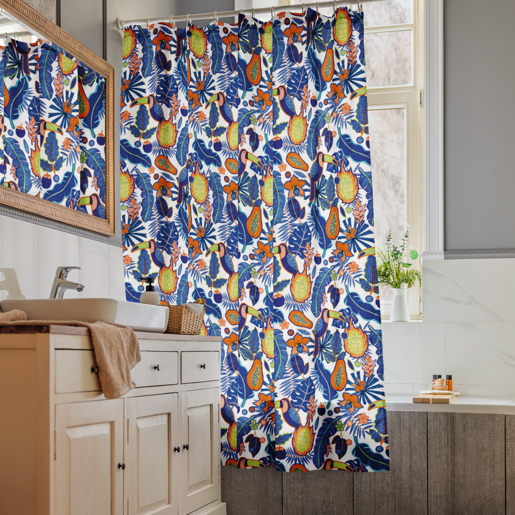 Tropical Toucan Paradise Shower Curtain – Vibrant Jungle Bathroom & Spa Decor
