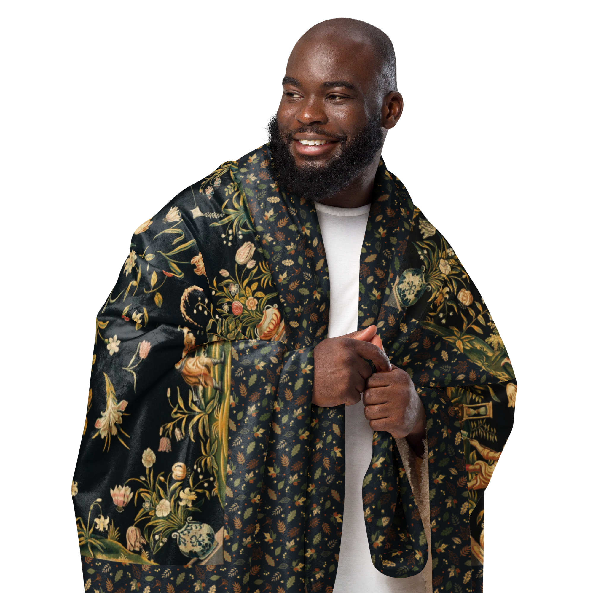 French Tapestry Enchanted Garden Sherpa Blanket – Black Floral Heirloom Throw – Old World Château Style Cozy Luxury 60"x80"