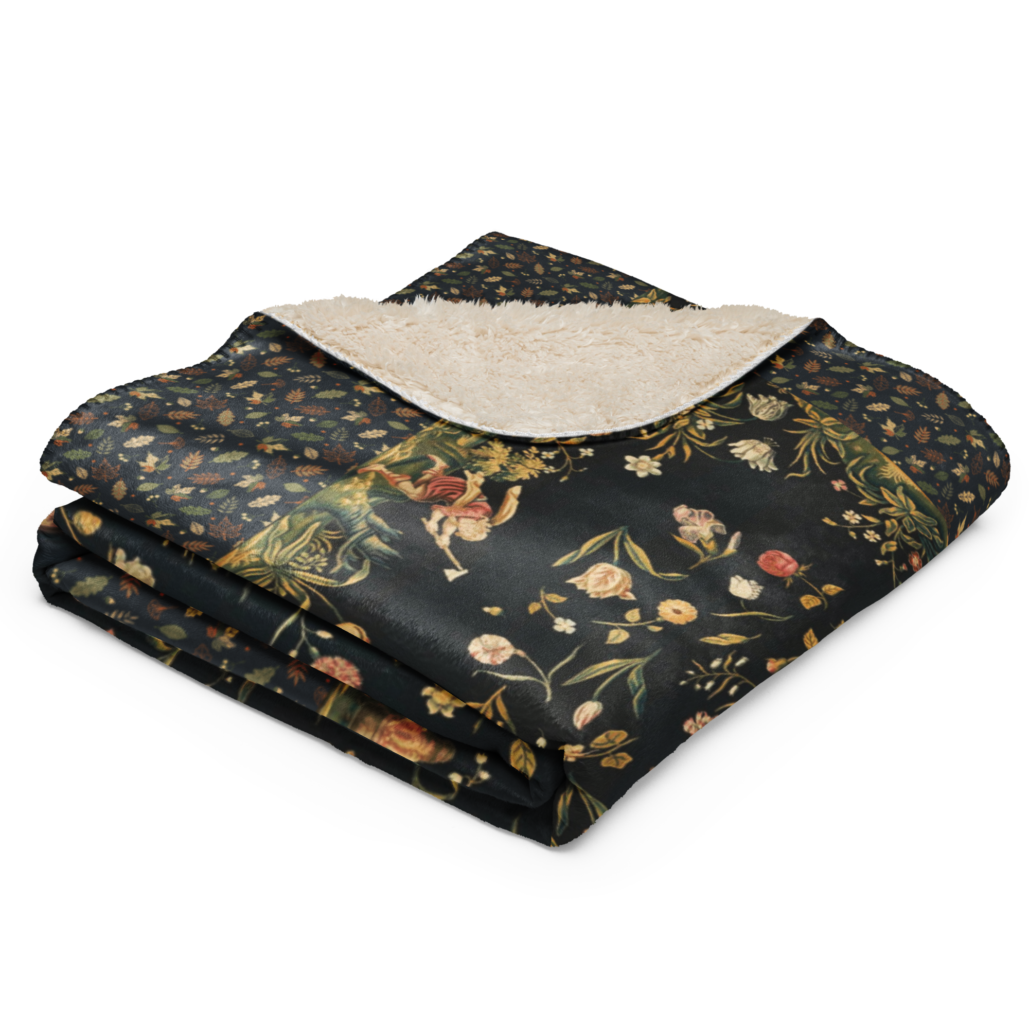 French Tapestry Enchanted Garden Sherpa Blanket – Black Floral Heirloom Throw – Old World Château Style Cozy Luxury 60"x80"