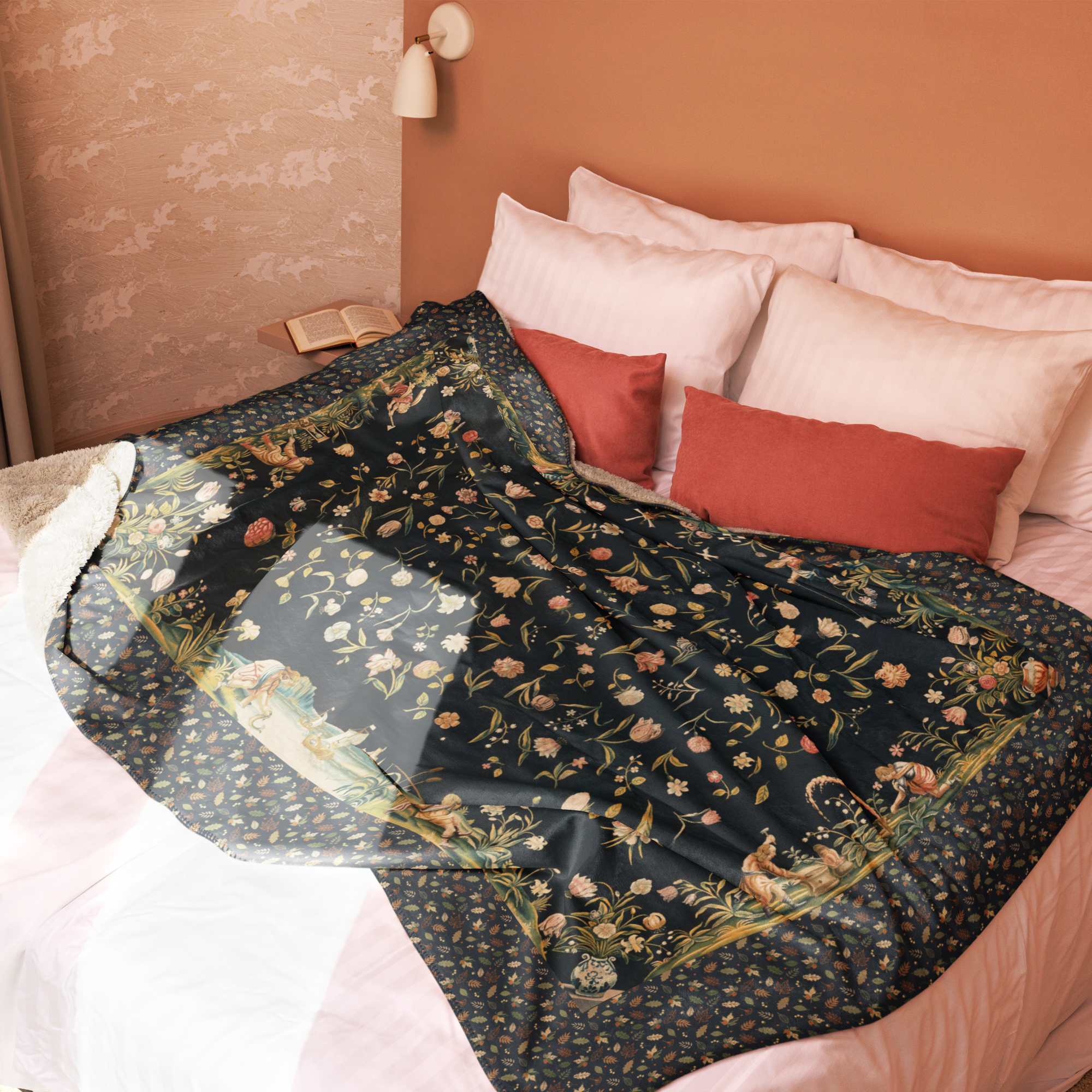 French Tapestry Enchanted Garden Sherpa Blanket – Black Floral Heirloom Throw – Old World Château Style Cozy Luxury 60"x80"