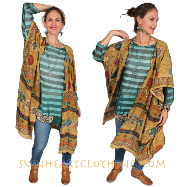 Sunheart Ruana Jacket Vintage Silk embroidered beaded Sml-9x Plus