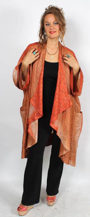 Sunheart Batwing Coat Vintage Saffron Silk Embroidered Cachet Coat Sml-7X