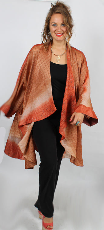Sunheart Batwing Coat Vintage Saffron Silk Embroidered Cachet Coat Sml-7X